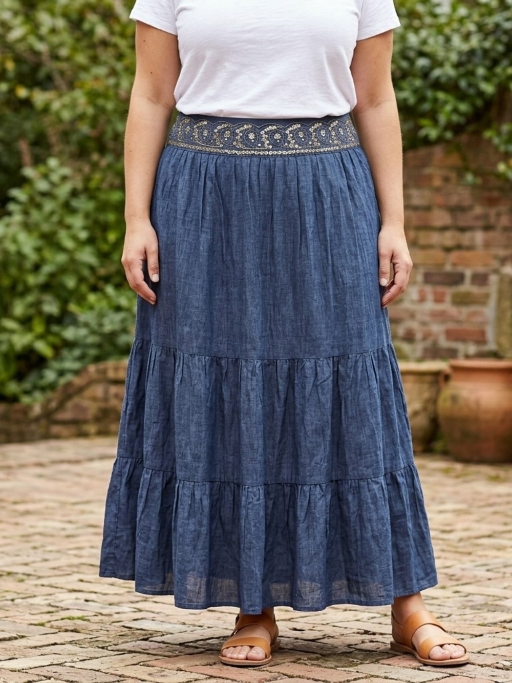 Metro 7 Blue Embellished Denim Tiered Maxi Skirt, Size 18W